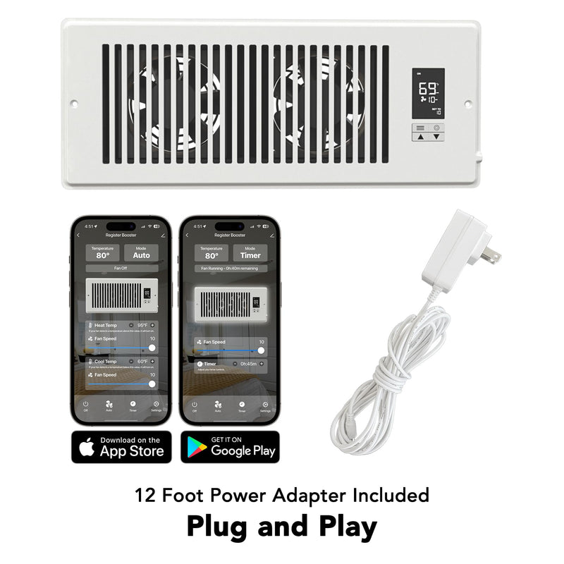 Quietcool Register Booster Fan for 4" x 10" Registers - Smart App Control - Quiet Vent Fan with Auto Thermostat - 10 Speeds