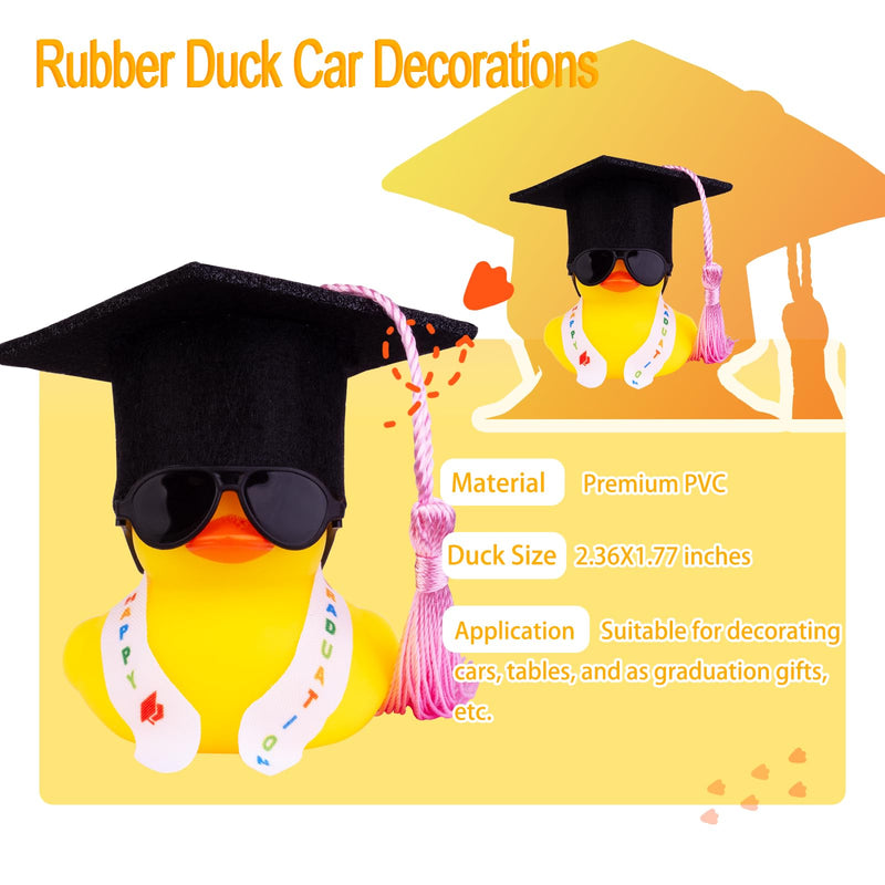 Graduation Duck Car Ornament, Rubber Duck Car Dashboard Decor with Mini Graduation Hat Sash Sunglasses G12-sunglasses-pink Tassel