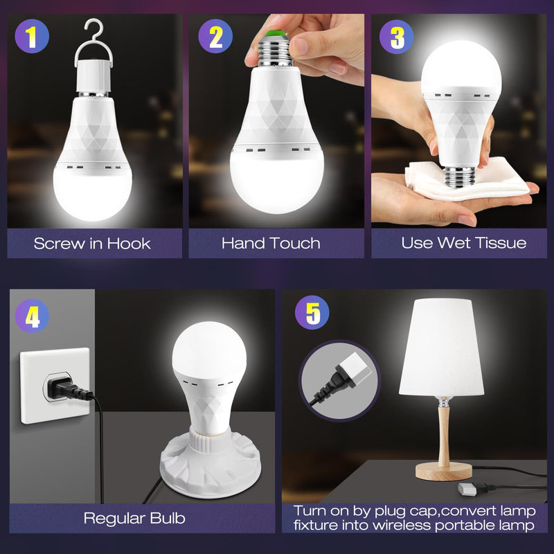 Emergency-Rechargeable-Light-Bulb, Stay Lights Up When Power Failure, 1500mAh 12W 60W Equivalent LED Light Bulbs for Home, Camping, Hiking (E27, with Hook,with Plug Cap) 6 Pack 1 ZS-6Pack