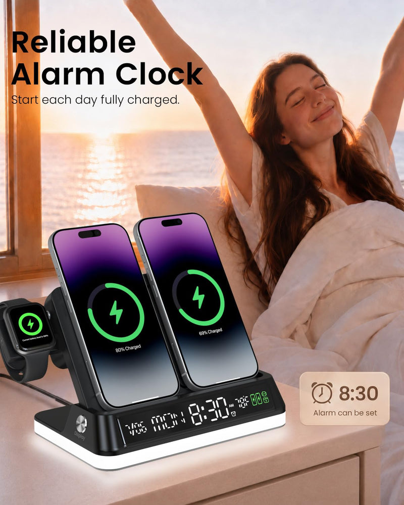 7 in 1 Wireless Charging Station with Auto-Sync Clock Sunset Night Light | Wireless Charger Stand for iPhone 17 16 15 14 Pro Max, Nightstand Charging Station for Apple Watch for AirPods, Indoor Temp