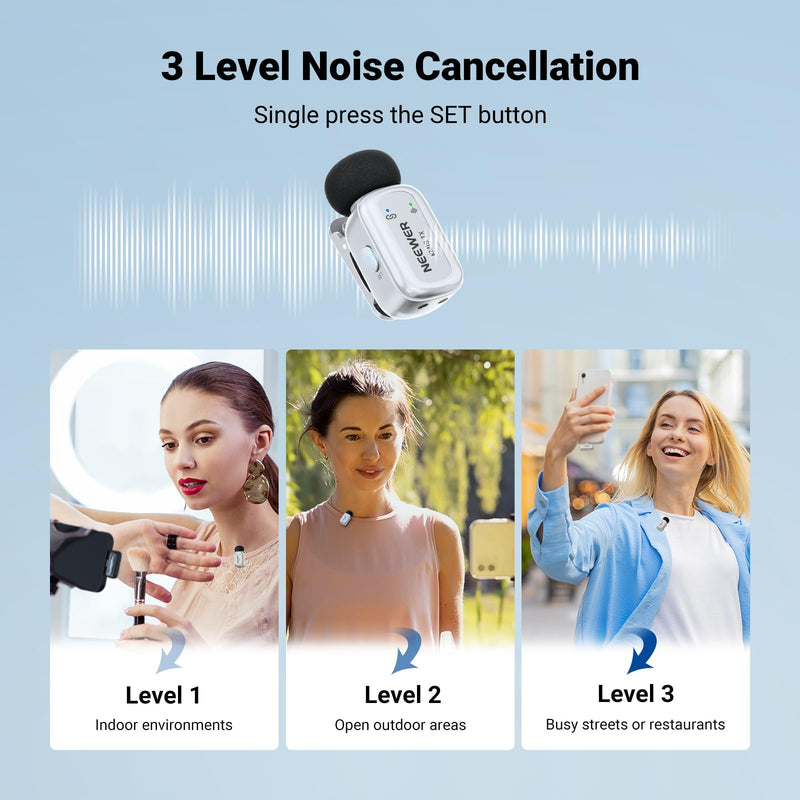 NEEWER KM19 Wireless Lapel Microphone Compatible with iPhone 17 16, Silver | Compatible with iPhone Android & PC, Mini Lav Mic, App Control, 3 Level Noise Cancelling, 30H Battery, 100m, Video Recording