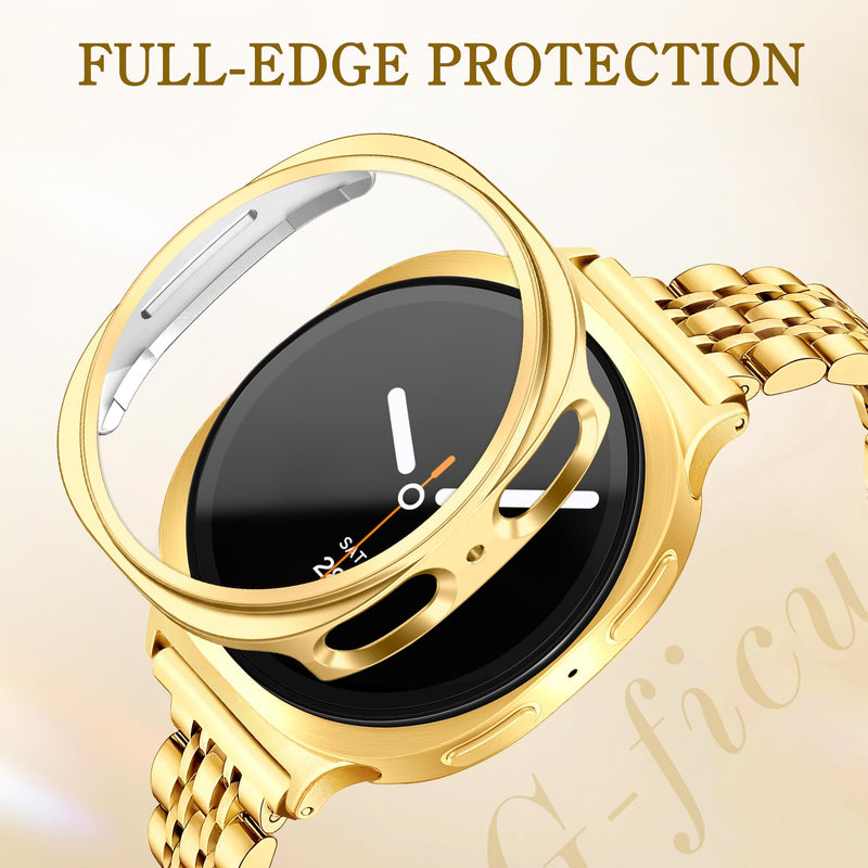 Slim Metal Band +Case for Samsung Galaxy Watch 8/9 Band 40mm with Protective Cover No Screen Film for Women Men, Stainless Steel Thin Replacement Strap for Samsung Watch 8 9 Bands-Gold Gold Galaxy Watch 8/9-40mm