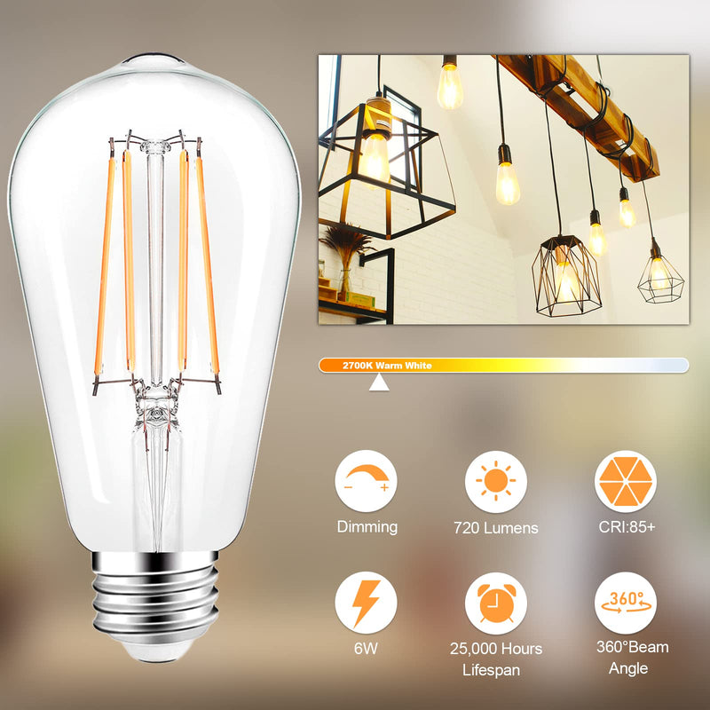 PARTPHONER LED Light Bulbs Dimmable Vintage Edison Bulb, E26 LED Bulb 60W Equivalent 720 Lumens, Warm White 2700K, ST58 Antique LED Filament Bulb CRI 85+, Clear Glass, Pack of 12 12 Count (Pack of 1)