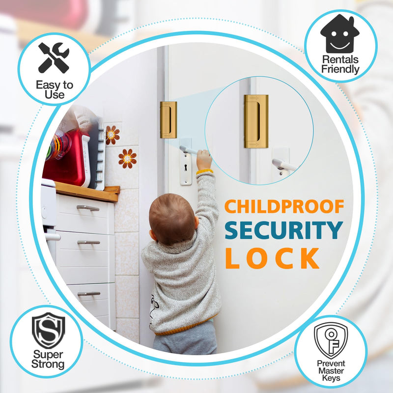 Child Proof Door Locks High Home Security Door Lock Reinforcement Night Kids Safety with 3" Stop Withstand 800 lbs for Inward Swinging Front Door Metal Flip Deadbolt Latch Defend Home Bright Gold