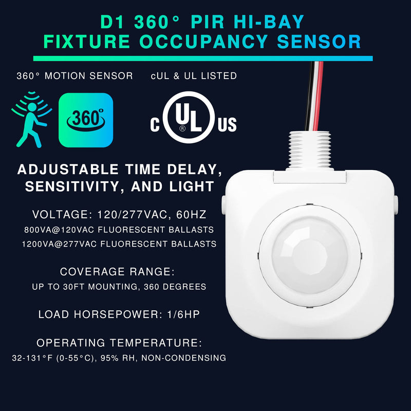Single Pack Ceiling Occupancy Motion Sensor, Passive Infrared Technology, High Bay Fixture Mount 360 Degree, Hard-Wired, 120-277 VAC, Commercial, Industrial Grade Occupancy Sensor 1