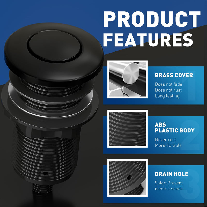Garbage Disposal Air Switch Kit, UL Listed Sink Top Button Waterproof | Professiona Wireless Air Switch Set - Black Button Compatible with Moen, Kohler, and Delta Faucets Matte Black LONG/3.6"