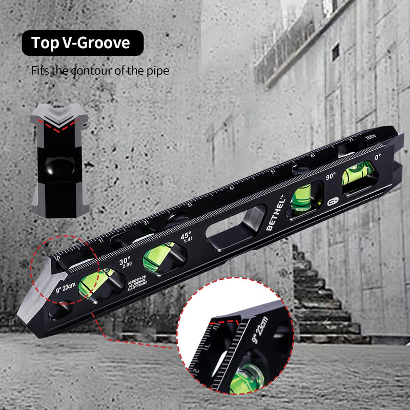 BETHEL 9 Inch Magnetic Torpedo Level with 4 Bubble Vials, V-Groove & Magnetic Rails, Black Aluminum Alloy Construction Black 9in