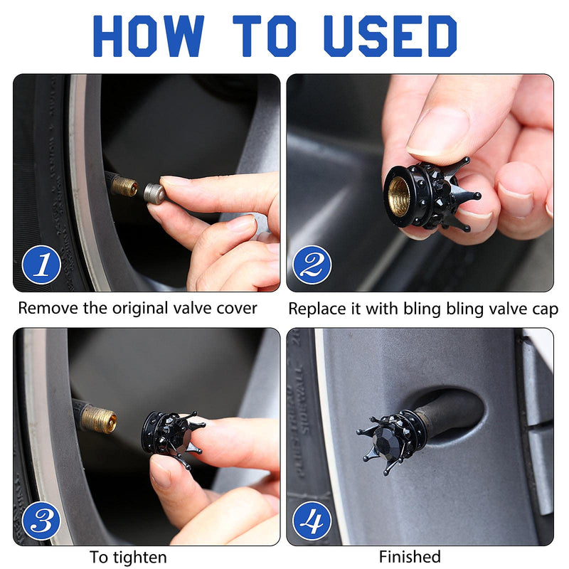 4 Pieces Crown Tire Valve Stem Caps Bling Handmade Crystal Rhinestone Universal Chrome Crown Vehicle Car Tire Caps Covers, Attractive Accessories for Car (Black) Black