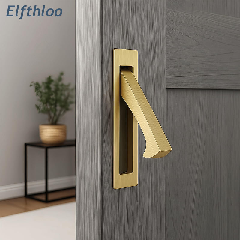 4 Pack Stainless Steel Recessed Pocket Door Pull Handle, Flush Mount Sliding Door Hardware with Hidden Finger Design, Used for Modern Furniture & Interior Doors, Brushed Brass 4 Pack
