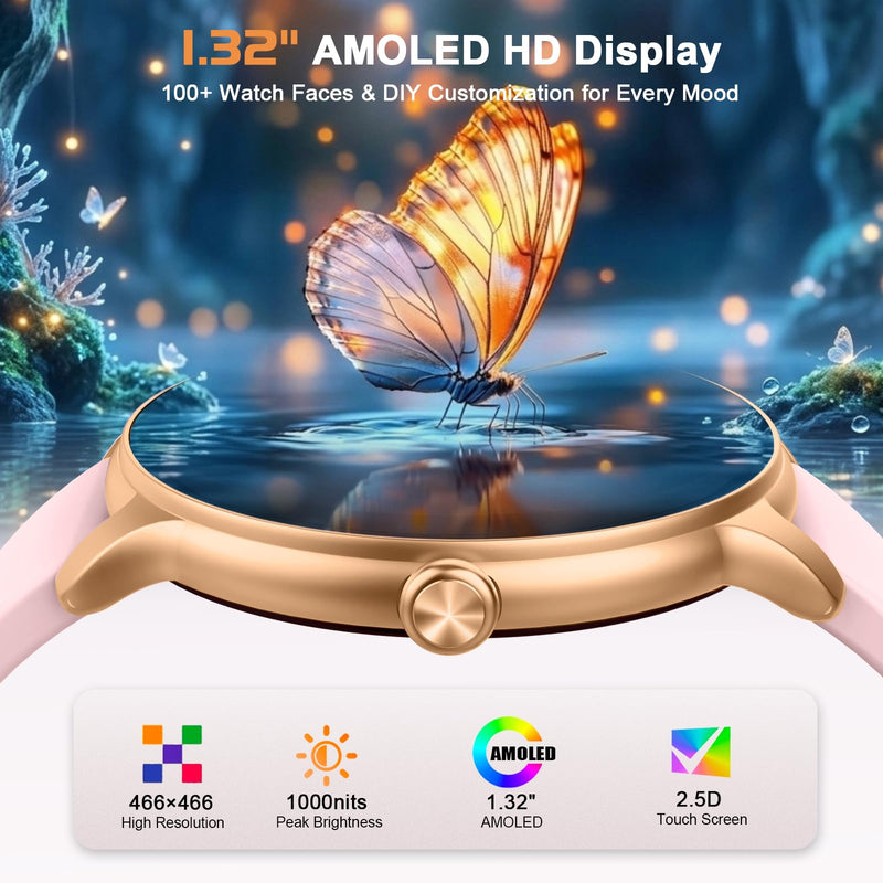 Smart Watch for Women, 1.32'' AMOLED Clear Screen, 2026 New Lightweight Women Smart Watch, Answer/Make Calls, Fitness Tracker with Heart Rate/Sleep/Step Counter, IP68 Waterproof, Gift for her, Pink Rose Gold