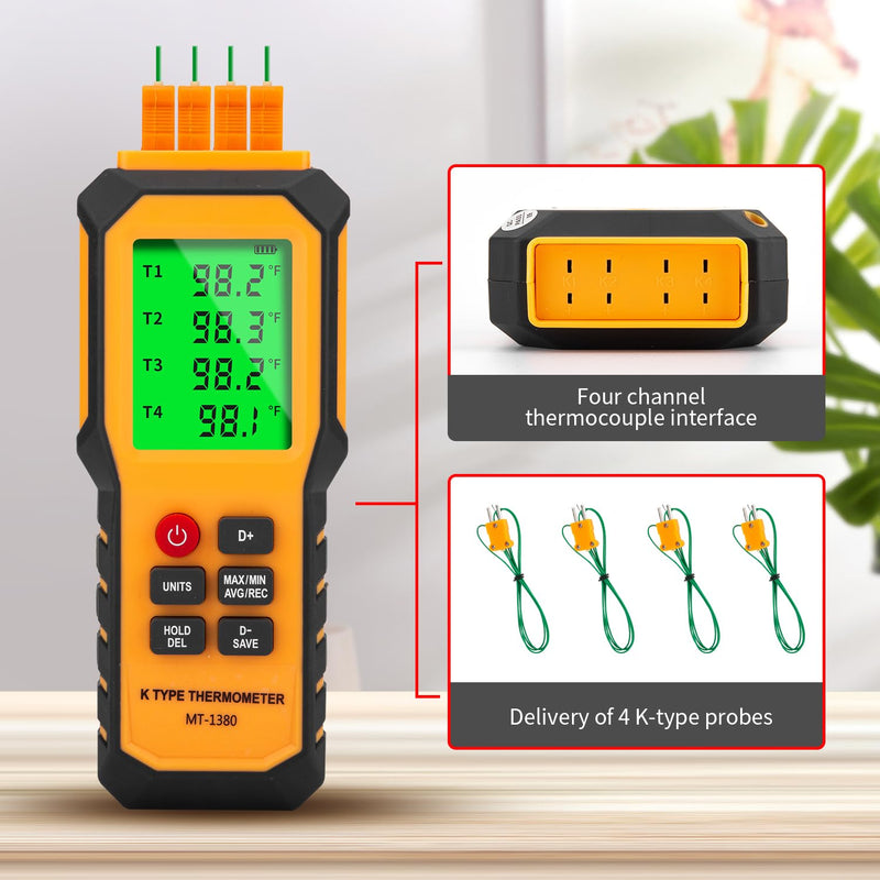 4-Channel K-Type Temperature Thermometer with LCD Backlight Measurement Range- 328℉-2501℉,YMZMeter Data Logger Comes 4 PCS Thermocouple Probe Sensor -104℉-752 ℉ 9V Battery Included. Yellow