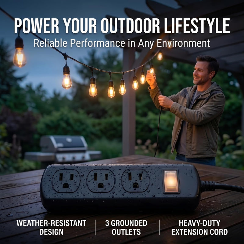 Outdoor Power Strip Weatherproof IPX6, Waterproof Surge Protector with 3 Wide-Spaced Outlets, Flat Plug Heavy Duty Extension Cord for Garden Patio Garage, Wall Mountable, 13A 1625W (Black, 3FT) Black