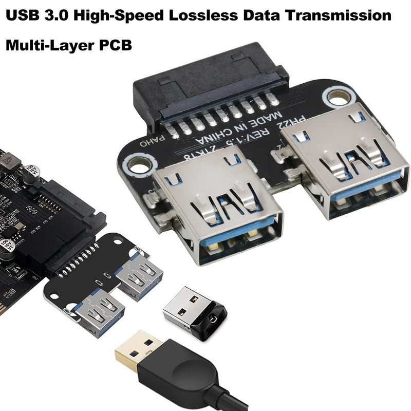 2PCS USB 3.0 19/20 Pin to Dual Female A Port Splitter Adapter Internal Vertical Header Converter for Desktop PC Expansion High Speed Lossless Data Signal Transmission Multilayer Circuit Board