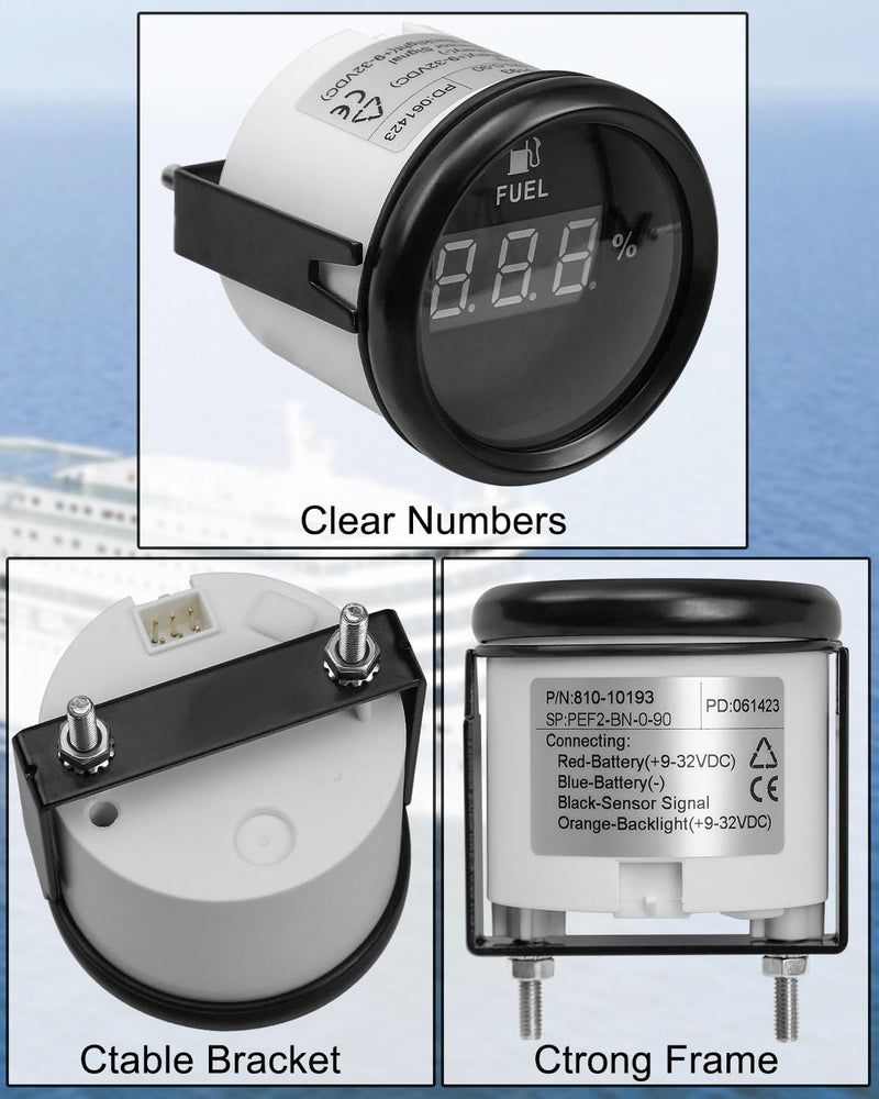 0-90 ohm Marine Fuel Gauge, Waterproof Boat Fuel Level Gauge, Gas Fuel Tank Meter Gauge for Car Boat RV Truck Vehicle, with 52mm Dial & LED Backlight & Digital Display with Digital Display