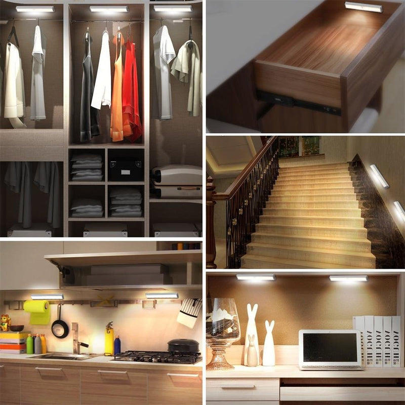 Stick-on Anywhere Portable Little Light Wireless LED Under Cabinet Lights 10-LED Motion Sensor Activated Night Light Build In Rechargeable Battery Magnetic Tap Lights for Closet, Cabinet (3PACK) White Light-Silver 7.5-10LED-3PACK