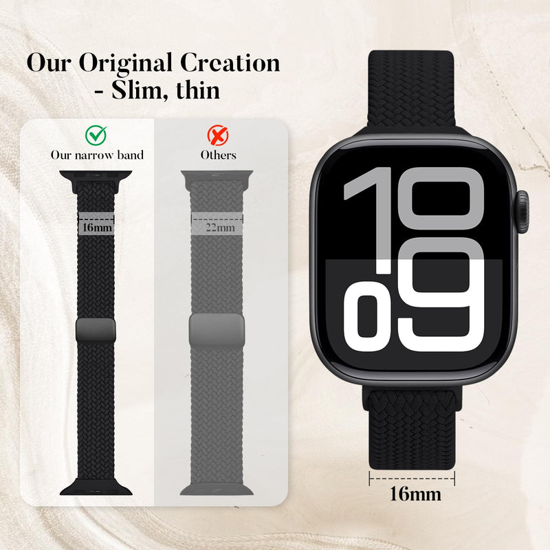 4 Pack Slim Stretchy Bands Compatible with Apple Watch 40/41/42/38mm Women | Breathable Braided Sport Strap with Magnetic Clasp for iWatch Series 11 10 9 8 7 6 5 4 3 SE 2 Black/Starlight/Pink/Milk Tea 38mm/40mm/41mm/42mm-Series 10/11