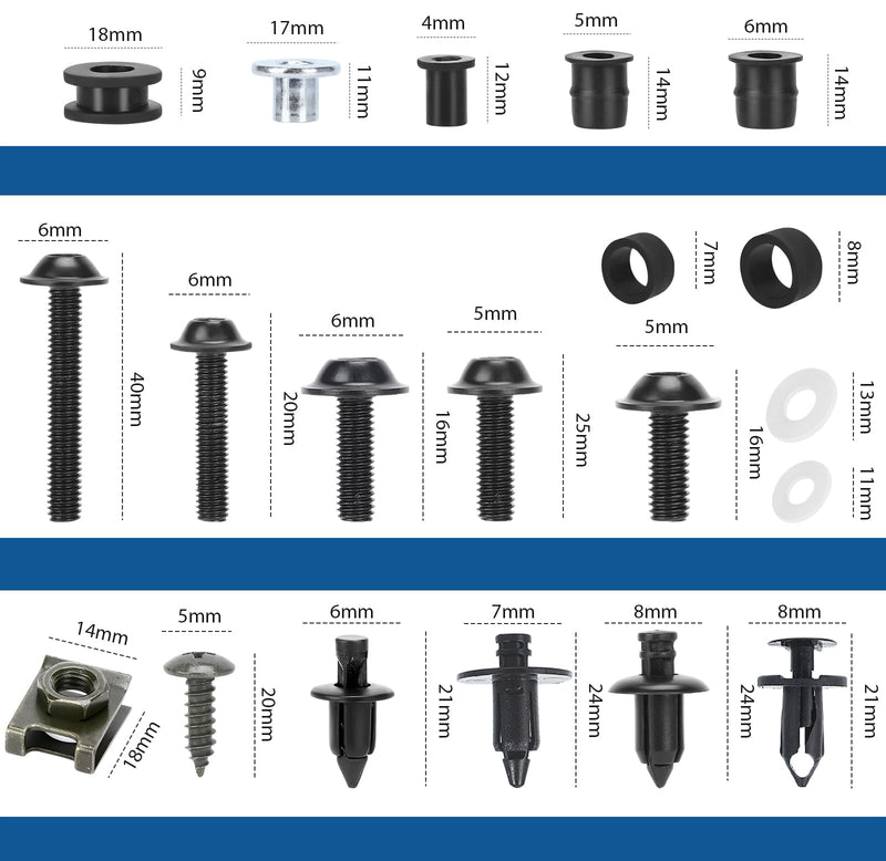 Motorcycle Fairing Bolt Kit, 397 Pcs M4 M5 M6 Universal Windscreen Screws Fasteners Fairing Bolts Nut Clips Kit Fit for Kawasaki Suzuki Yamaha BMW Honda GSXR Harley Davidson Motorcycle