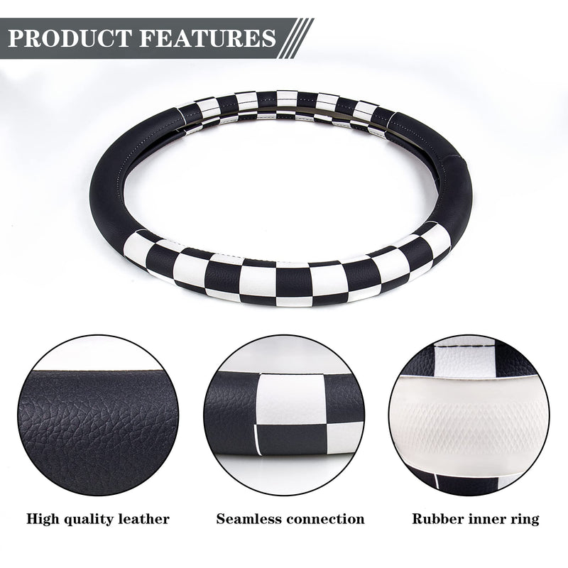 Evankin Lattice Leather Steering Wheel Cover, Black and White Checker Car Accessories, Non-Slip and Comfortable Unisex Universal Steering Wheel Cover 15 inch for Women Men (Black and White Checker) leather Black and White Checkered