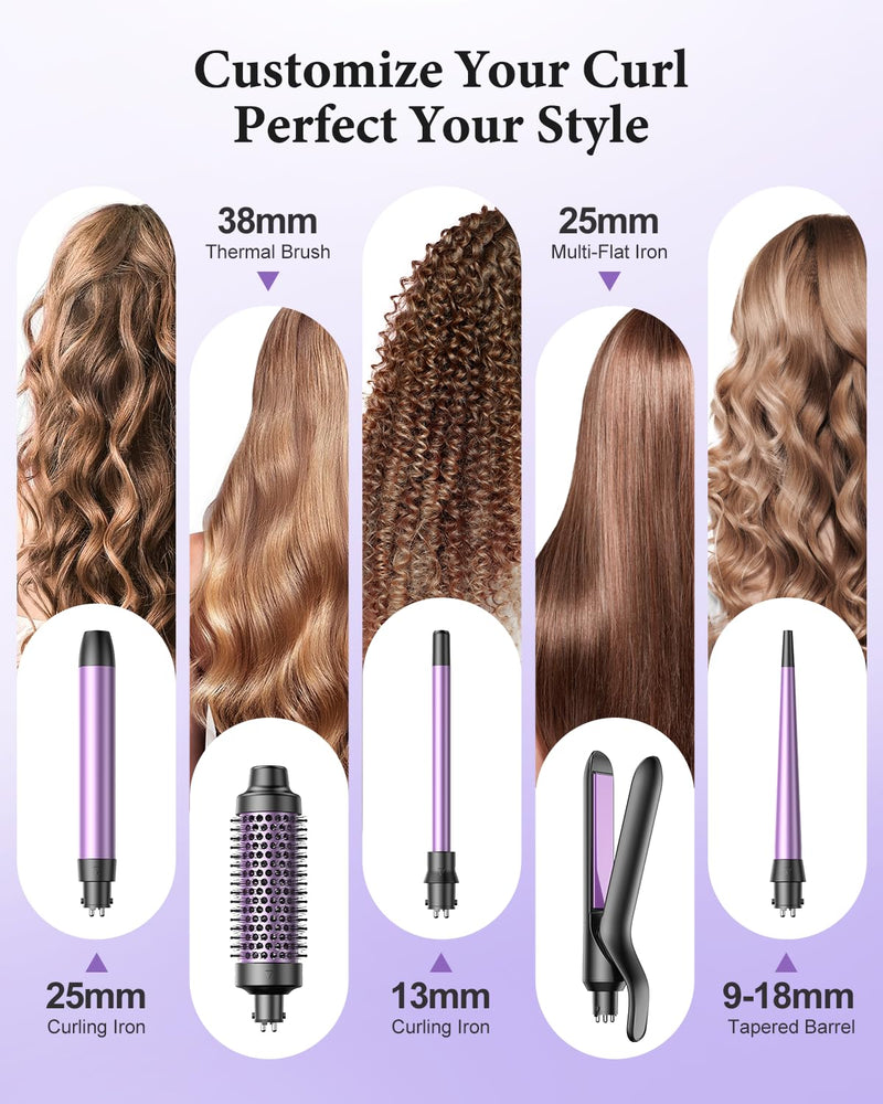 BESTOPE PRO 5 in 1 Curling Wand Set, Ceramic Interchangeable Barrels with Thermal Brush & Straightener, 13 Temp LED Display, Heat Resistant Accessory Kit Purple