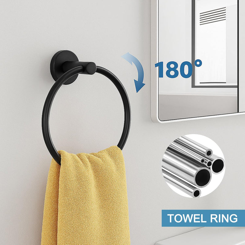 Matte Black 24in Stainless Steel Bathroom Hardware Set | Towel Bar Set , Bathroom Accessories Set Wall Mounted, Towel Racks for Bathroom, Towel Ring, Towel Hooks, Toilet Paper Holder 5