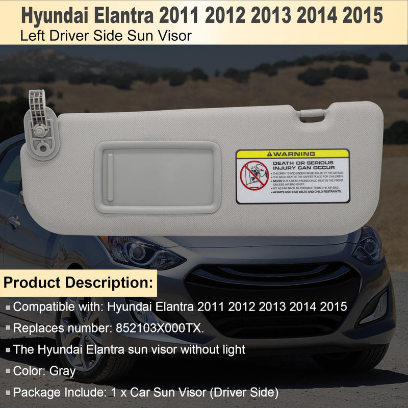 NHILES Left Driver Side Sun Visor Replacement Compatible with Hyundai Elantra 2011 2012 2013 2014 2015 Replace# 852103X000TX Colour Gray Gray(Left Driver)