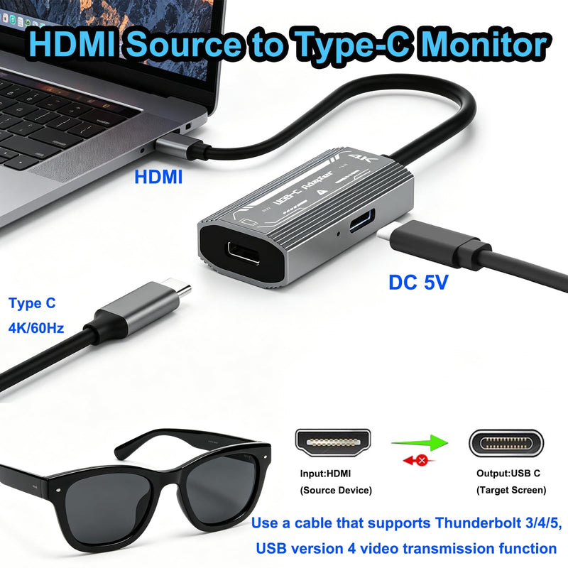 HDMI to USB C Adapter 4K@60Hz for AR Glasses - HDMI Source to USB C Display for XREAL One/Air 2 Pro,VITURE Pro,RayNeo,Rokid,Switch 2/1,Steam Deck,PS5/4,Xbox,ROG Ally,Monitor, HDMI Male to USB C Female