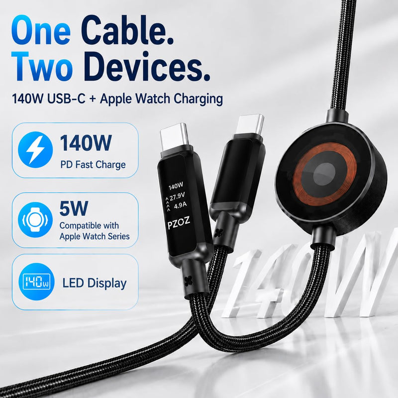 pzoz 2-in-1 USB C Apple Watch Charger Cable, 140W Fast Charging Cord | 140W USB-C fast charging cable with Apple Watch charging and LED display, combining two charging needs in one cable. 4 Feet
