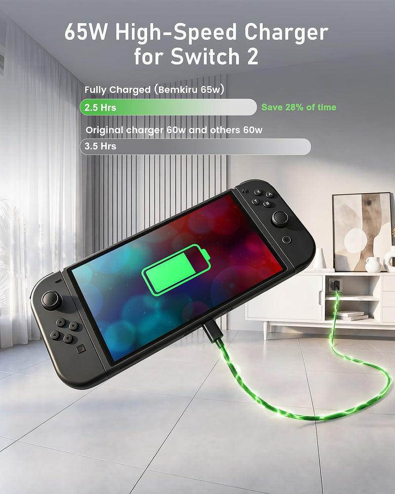 10ft Switch 2 Charger, 65W AC Power Adapter for Nintendo Switch 2/1 | Fast Charger for Console in 2.5H, Foldable Plug, Docked TV Mode, Long Charging Cable for Switch OLED/Lite, Built-In Safety