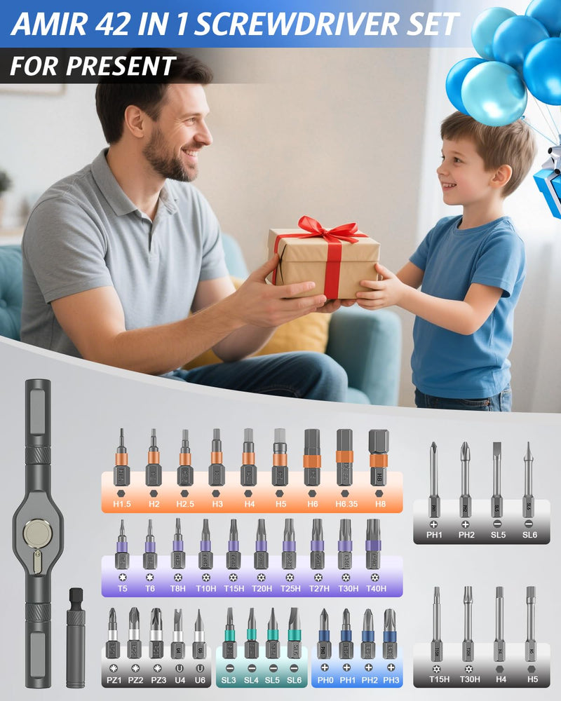 [AUSTRALIA] - 42 in 1 Magnetic Screwdriver Set, AMIR Screwdriver Set with 40 PCS Magnetic Bits, Ratcheting Screw Driver with Rotatable Ratchet Handle, Ratchet Screw Driver Kit with Carry Case Blue