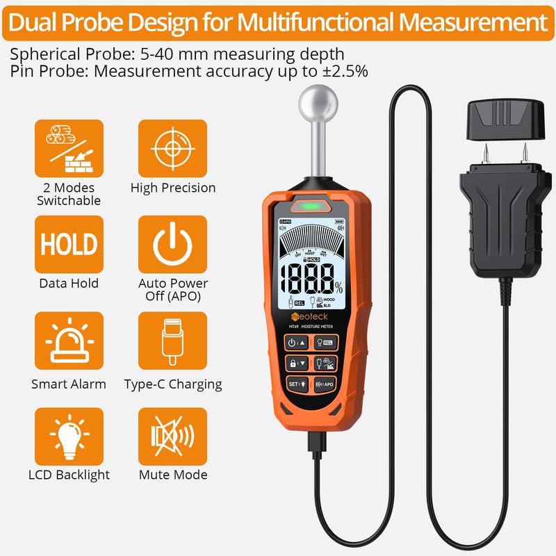 Neoteck 2-in-1 Dual Probe Moisture Meter 40mm Spherical Moisture Reader & ±2.5% Accuracy Pin Moisture Meter with LCD Display and Audio Alarm for Wood Wall Concrete Drywall Firewood Lumber