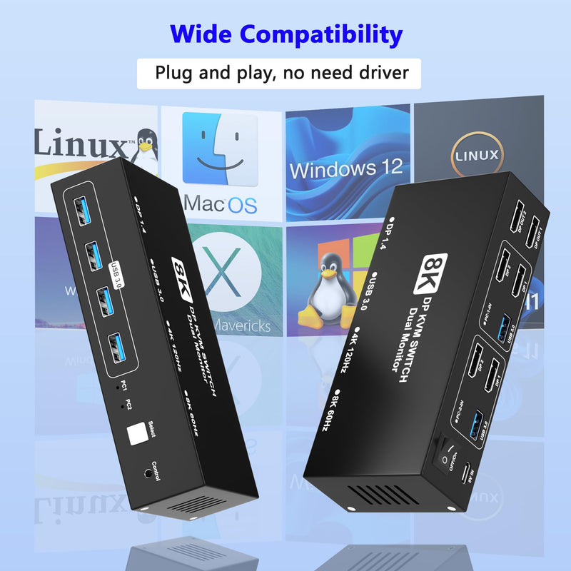8K@60Hz Displayport KVM Switch 2 Monitors 2 Computers, 4K@120Hz USB3.0 KVM Switch Display Port for 2 Computers Share Dual Monitors and 4 USB Devices, Computer Switch Monitor Switch for 2 Computers