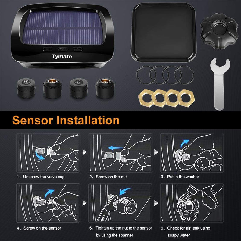 Tymate RV Tire Pressure Monitoring System - M12-3 Tire Pressure Monitor System (0-87 PSI) with Solar Charge, 5 Alarm Modes, Auto Sleep Mode, LCD Display, RV TPMS with 4 Sensors, Easy to Install 4-Sensors
