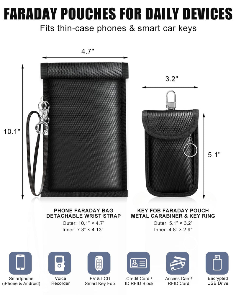 Faraday Bags for Phones & Car Key Fobs, 2-in-1 Signal Blocking Set | Large phone pouch and compact key pouch with dual-layer shielding to help reduce relay theft and protect digital privacy 1 Large Phone Pouch + 1 Key Fob Pouch
