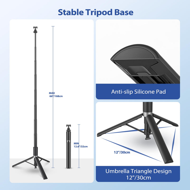 Walking Way 66"/168CM Auto-Open Selfie Stick Tripod, Invisible Selfie Stick for Insta360 Ace/Ace Pro/2/X5/X4 Air, 360° Rotatable Pop-Open Camera Stand, Stable Throwpod for Travel/Vlog