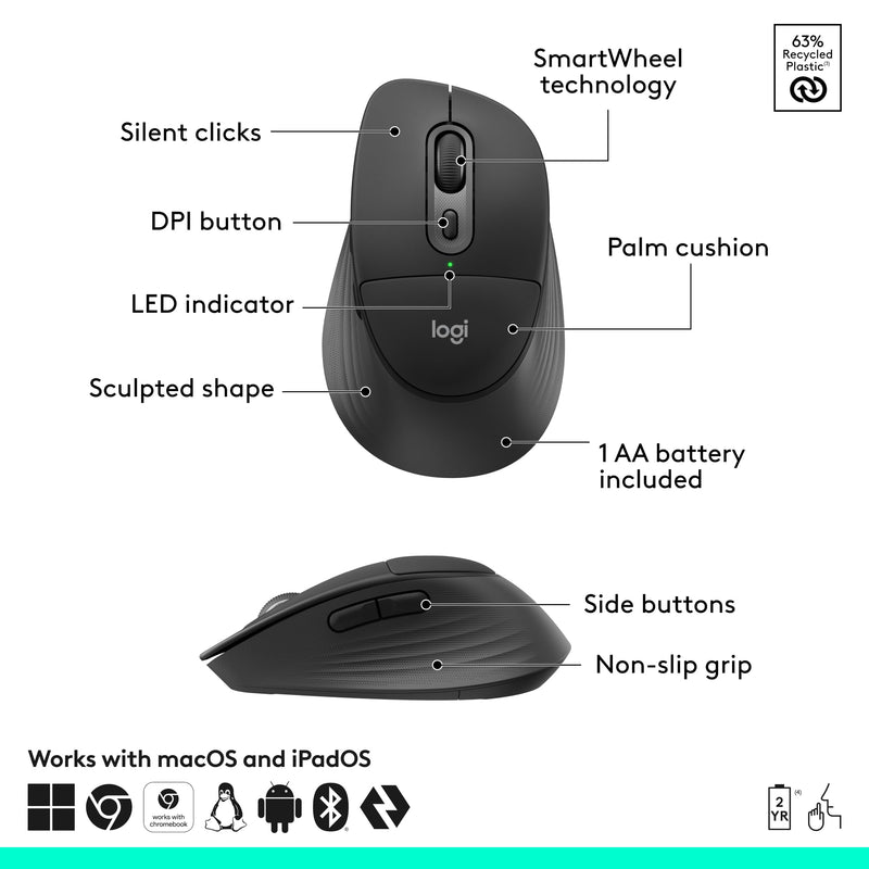 Logitech Signature Comfort Plus M850 L for Business Wireless Mouse | Sculpted design with palm cushion, secure receiver/Bluetooth, for business, Windows/Mac/ChromeOS/Linux/iPadOS