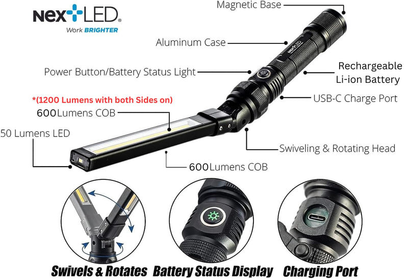 NextLED NT-7544 Heavy Duty Folding Work Light, Rechargeable, Double-Sided, 600x2 Lumen, Slim Magnetic Flashlight, W/Top Light, Aluminum Body, Magnetic Flashlight for Auto Repair/HVAC Inspection, IPX4 1200 Lumen Double Sided