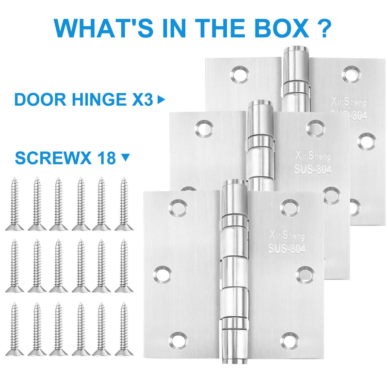 3.5" 304 Stainless Steel Door Hinges XINSheng Security 3 Pack | Ball Bearing Smooth | Square Corner | Non-Detachable Security Pin | 304 Steel Rust Proof | Interior & High-Salt Environments