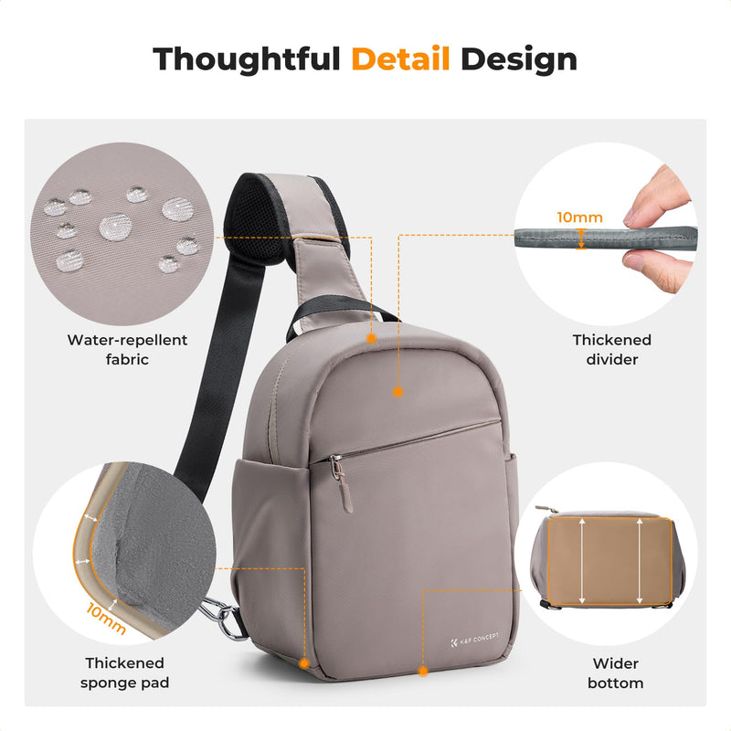 K&F CONCEPT Camera Sling Bag, Compact Crossbody Bag for DSLR Mirrorless | Lightweight Fabric, with Tripod Holder, Quick Access & Custom Dividers, Men & Women, for Sony Canon Nikon, Gray Pink, BS06 Grey Pink Sling Bag-5L