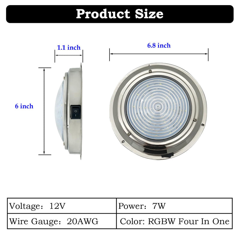 Marine Boat Dome Light, RGBW 7" 12V Interior Cabin Lights, Built in Toggle Switch, Stainless Steel Surface Mount