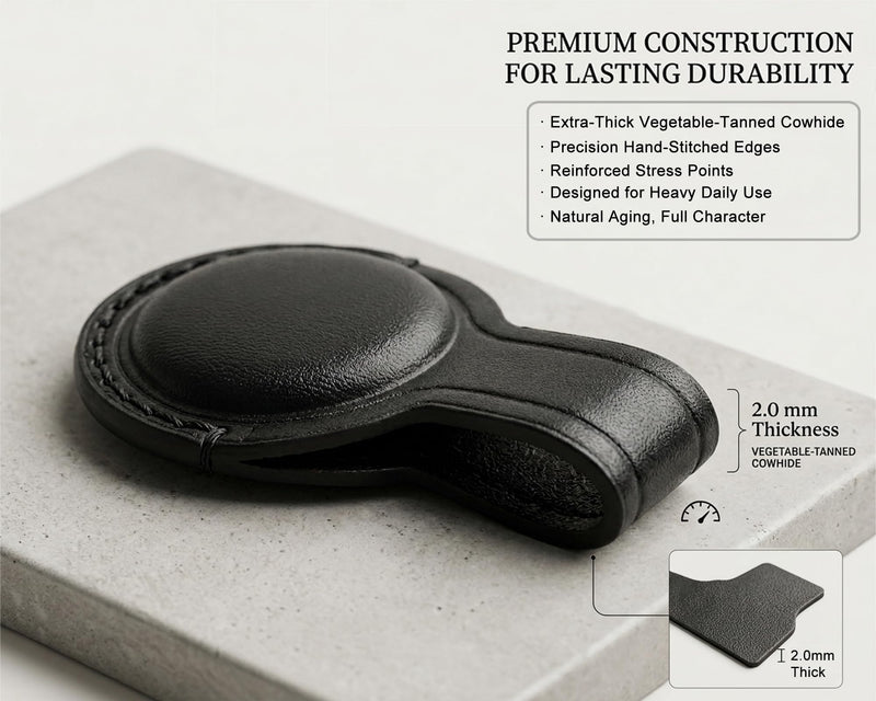 JusBumio Leather Keychain Compatible with Apple AirTag 2nd & 1st Gen | Handcrafted Full Grain Veg-Tanned Leather, Full-Wrap Hidden Holder, No signal/audio loss, Glossy Black Flat Black