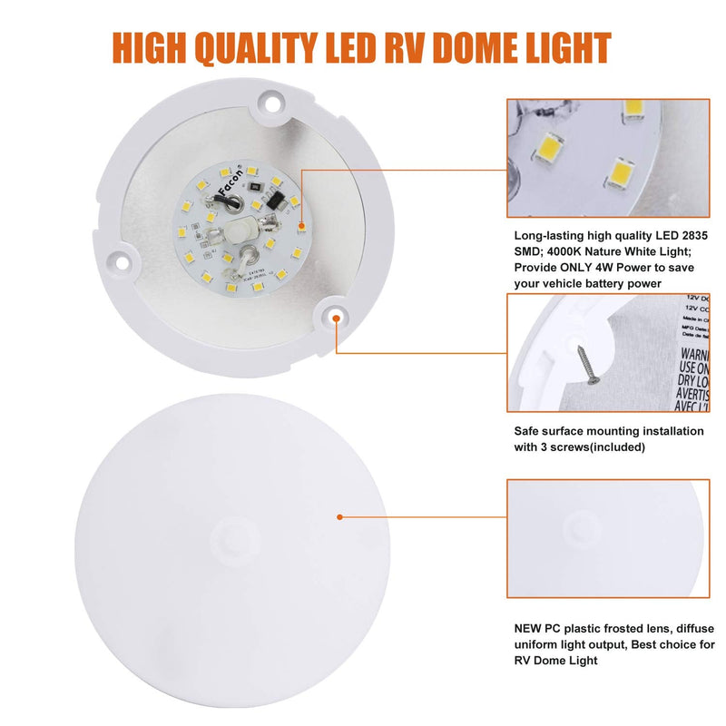 Facon 2-Pack Ultra Slim 4.5'' 12V RV Puck Lights w/Switch, SY-SM45 4000K Cool White LED Interior Lights for RVs, Camper Van, Boats, 12V Dome Light Fixture – cETL Certified Dia: 4.5Inch, 2Packs 4000K Cool White Light