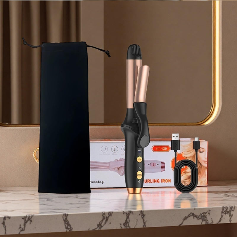  [AUSTRALIA] - Curling Tong, 25mm Cordless Hair Curler for Natural Waves and Curls, Ceramic Cordless Curling Wand with 3 Gear Temperature, Travel Mini Curlers 4000 mAh with USB Cable Storage Bag, Rose & Black
