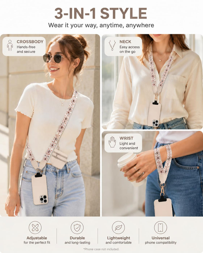 Phone Lanyard Card Holder, Adjustable White Strap Pattern Crossbody Neck | Detachable Card Wallet, Neck & Crossbody Strap for Travel, Shopping, Daily Use, Hands-Free Phone Accessory for Smartphones