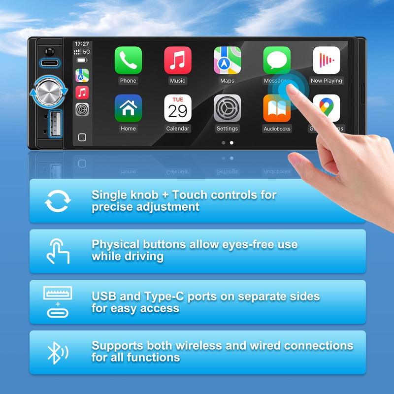 Single Din Radio Car Stereo with Apple CarPlay & Android Auto, 6.28 Inch HD Touch CarPlay Screen, Backup Cam,Bluetooth, MP5,USB Type-C, SWC, EQ, FM Radio (with External Mic)