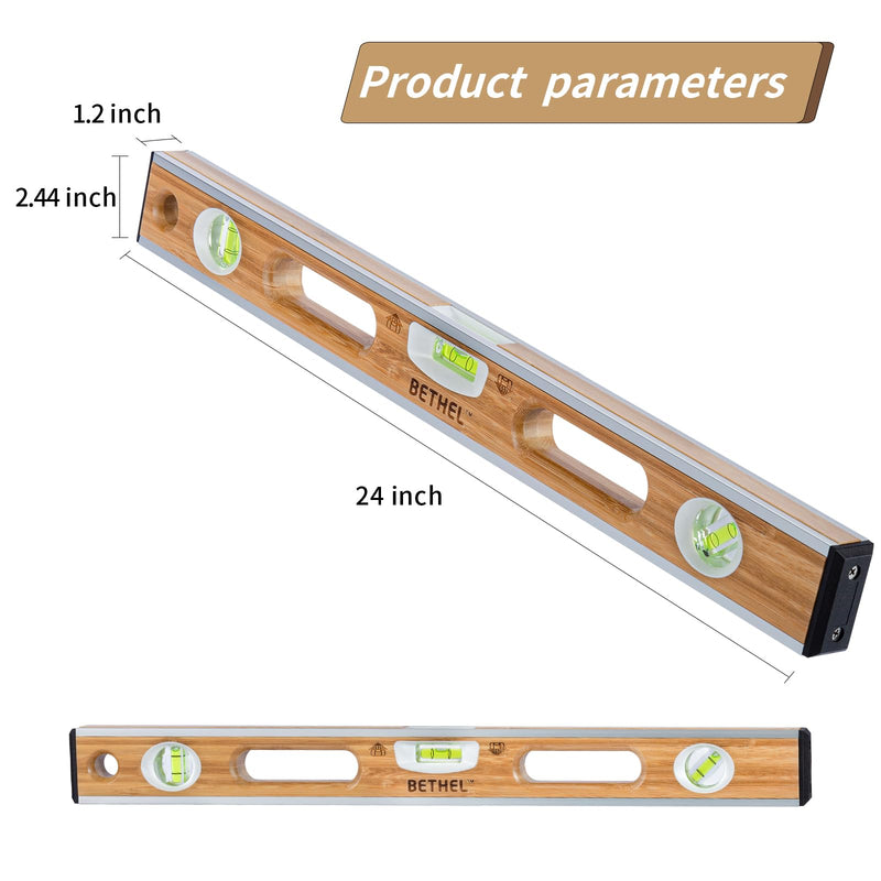 BETHEL 24-inch Bamboo Level, Mortar Adhesion Resistant Light Level, with Double Curved Acrylic Leveling Tubes for Masonry Applications and General Leveling