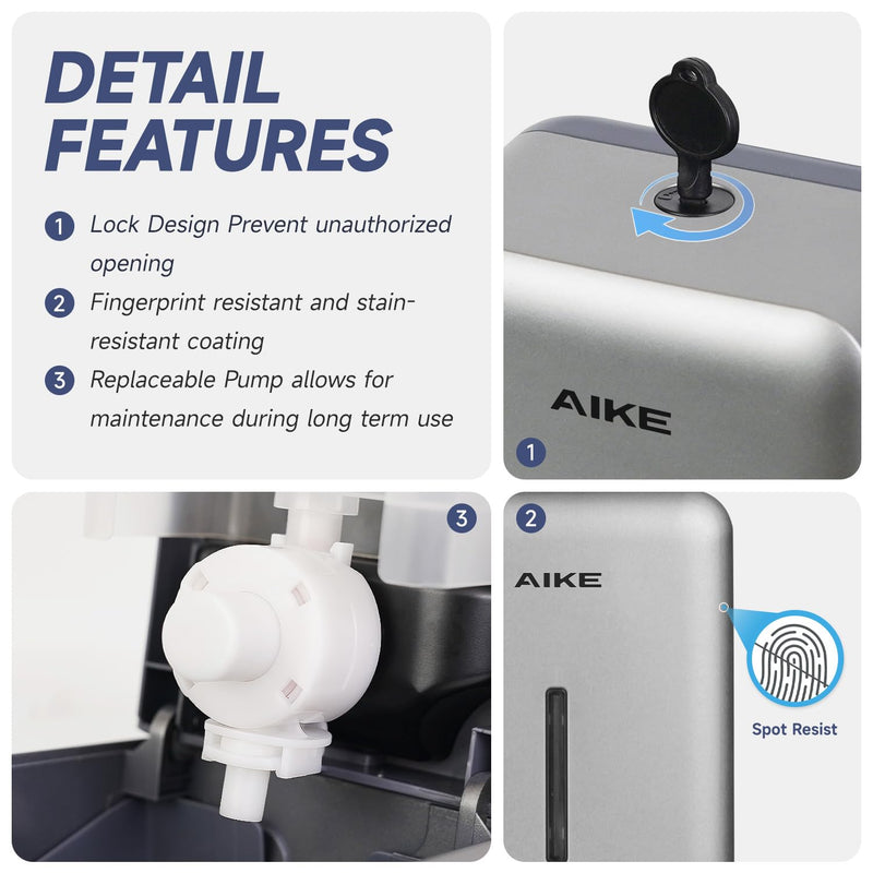 AIKE Wall Mount Liquid Soap Dispenser for Commercial Bathroom 27oz Large Capacity Manual Push Pump Silver
