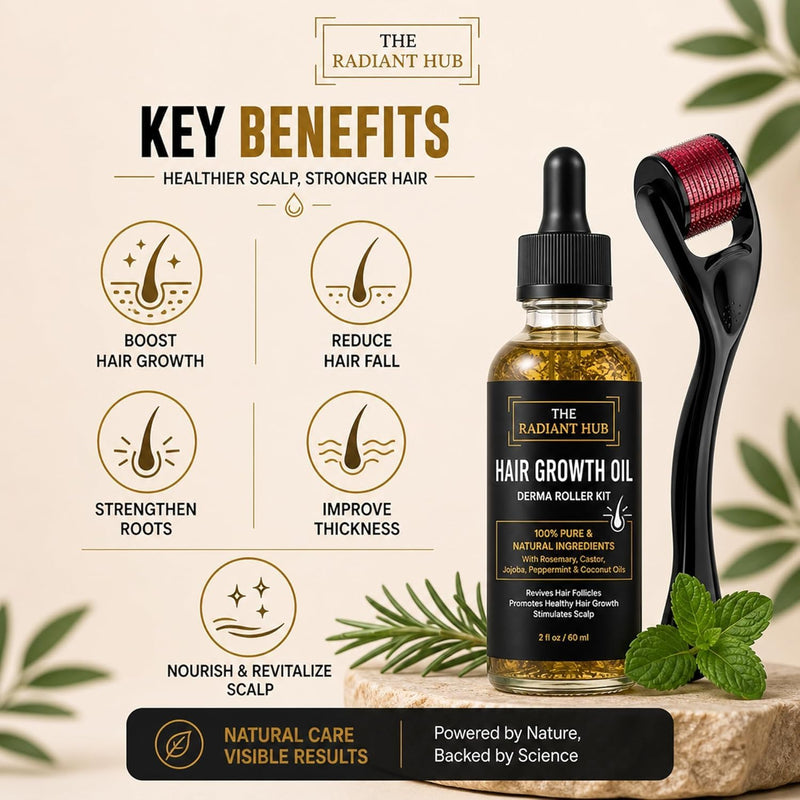 Rosemary Oil for Hair Growth & Derma Roller Kit - Castor, Jojoba, Peppermint & Coconut Oils for Thicker Stronger Hair, Stimulates Scalp & Revives Follicles - For Men & Women - 60 ml