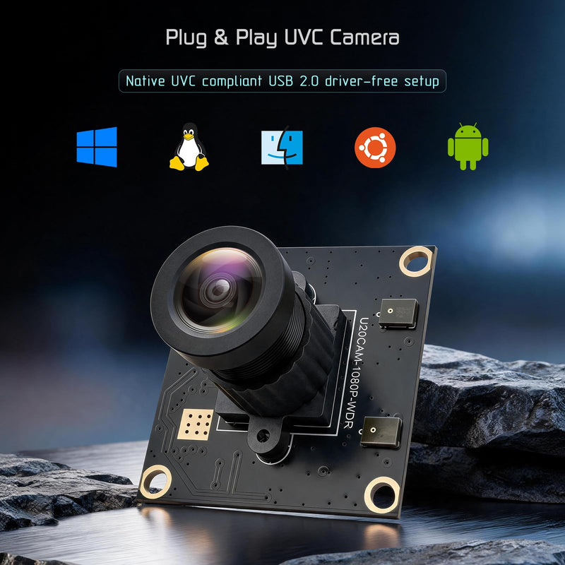 1080P USB2.0 UVC Camera, 121° Wide Angle, True Low-Light HDR WDR Camera, Built-in Mic, Plug & Play Webcam for PC, Raspberry Pi and All SBCs, Support Windows, Linux, Android, Mac OS.