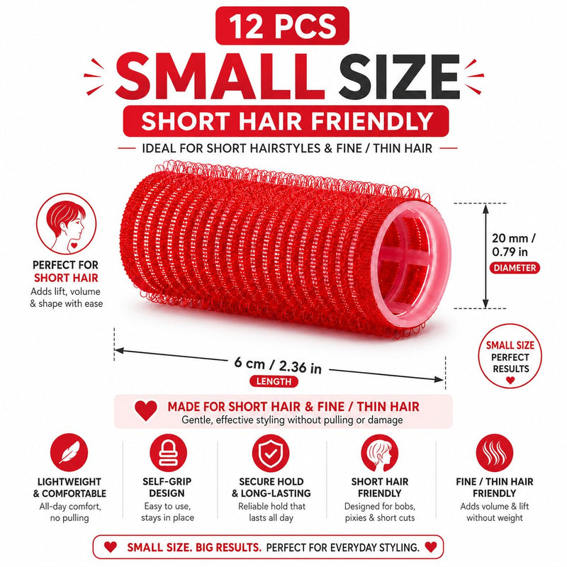 12 Small Hair Rollers For Short Hair, 20mm Velcro Rollers For Hair, 12Clips | Hair Rollers With Clips Hold Sections ,12 Self Grip Curlers For Hairdressing and DIY Styling, Lift Roots Without Heat