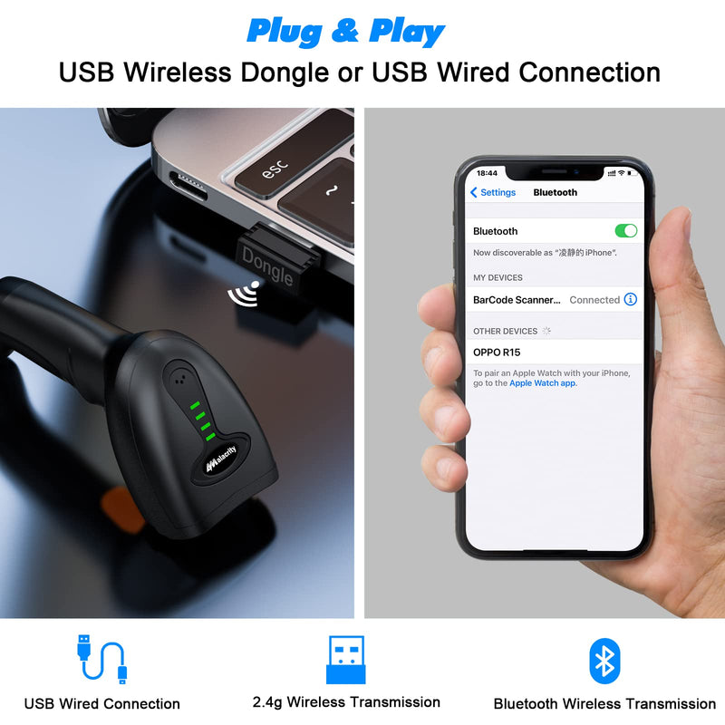 Bluetooth Wireless Barcode Scanner with Stand,Alacrity 3-in-1(Bluetooth & 2.4GHz Wireless & USB Wired) Bar Code Reader,1800mA*H Rechargeable Battery,Automatic Scanning,328Ft Range,16MB Storage Space Bluetooth Barcode Scanner with Stand